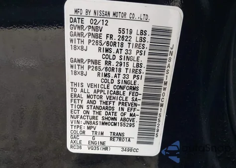 2012 Infiniti Fx35 from USA, damaged, VIN JN8AS1MW0CM155295